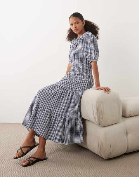 Barbour Ashwell short sleeve check tiered gingham midi dress in blue/white - view 1