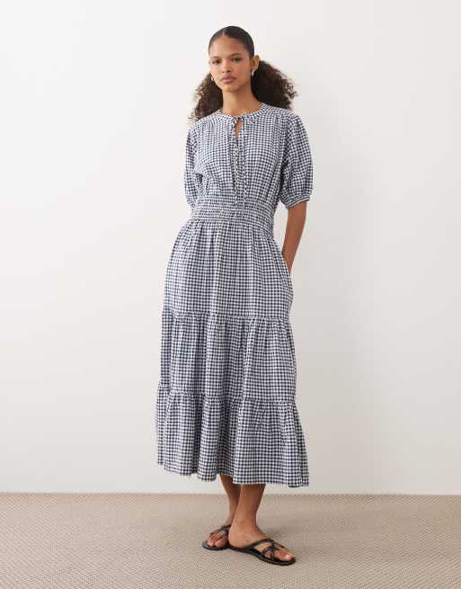 Barbour Ashwell short sleeve check tiered gingham midi dress in blue/white, 2 of 4
