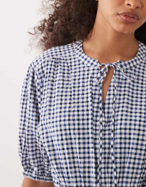 Barbour Ashwell short sleeve check tiered gingham midi dress in blue/white, 3 of 4
