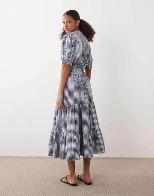 Barbour Ashwell short sleeve check tiered gingham midi dress in blue/white, 4 of 4