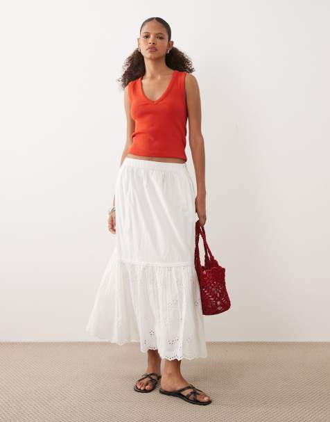 Barbour Avebury tiered lace trim broderie midi skirt in white - view 1