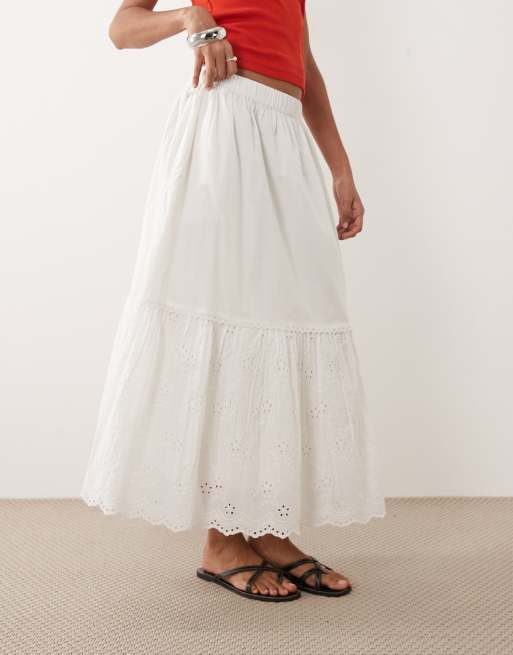 Barbour Avebury tiered lace trim broderie midi skirt in white, 2 of 5