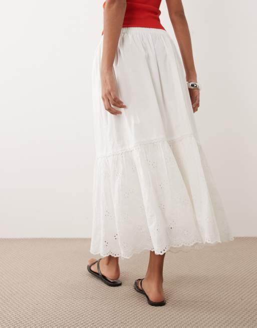 Barbour Avebury tiered lace trim broderie midi skirt in white, 5 of 5