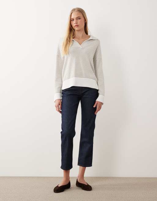 Barbour Aylesby knitted collared striped jumper in white/beige, 3 of 4