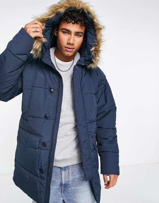 Barbour baffle faux fur trim hooded parka in navy ASOS