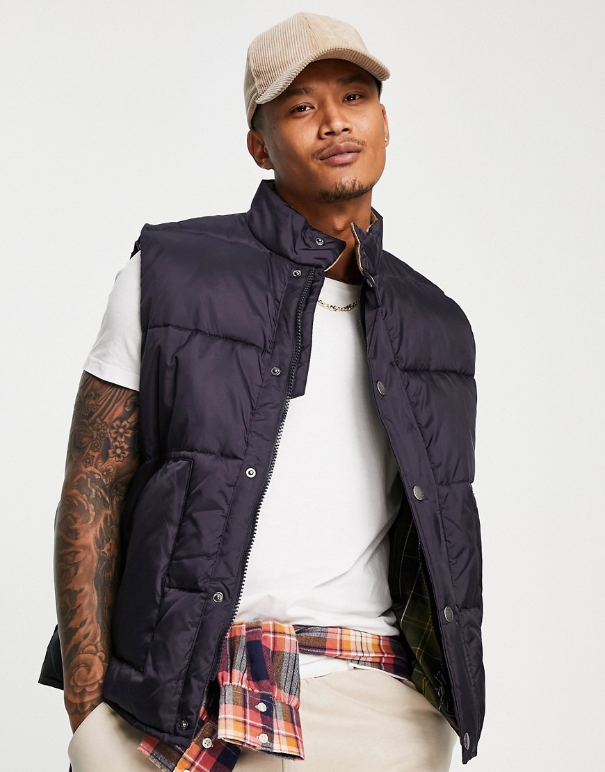 Barbour Beacon large baffle quilted vest with corduroy collar in navy
