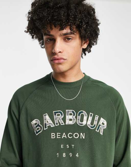 Barbour Beacon large tartan logo crew neck sweatshirt in green | ASOS