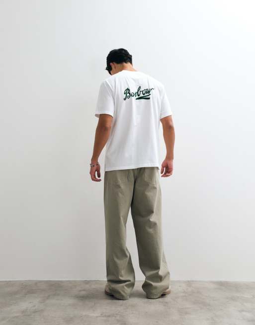 Barbour Bowery short sleeve oversized graphic logo t-shirt with back print in white, 3 of 5