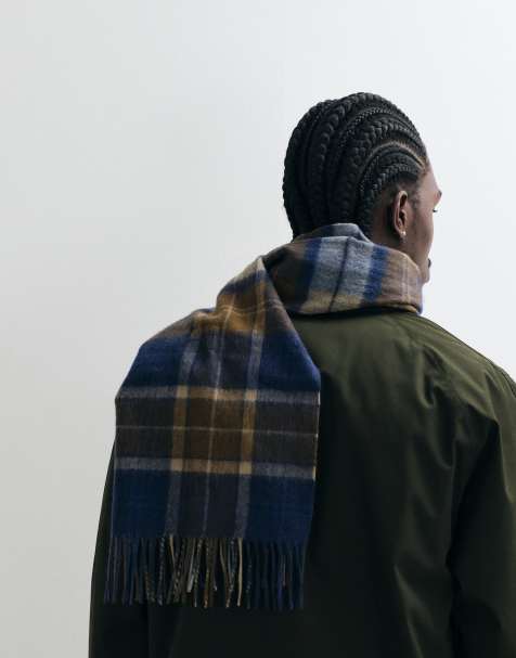 Barbour Brack knitted lambswool patchwork tartan check scarf in navy/brown - view 1