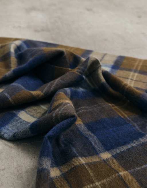Barbour Brack knitted lambswool patchwork tartan check scarf in navy/brown, 2 of 3