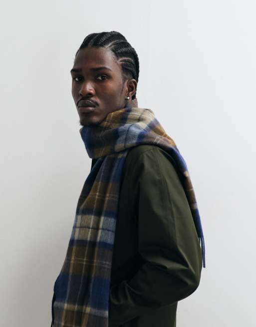 Barbour Brack knitted lambswool patchwork tartan check scarf in navy/brown, 3 of 3