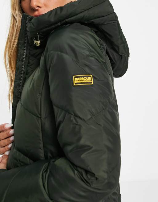Barbour Braeside quilted long line jacket in moss green | ASOS