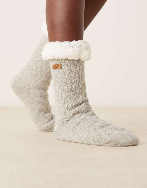 Barbour cable knit lounge socks in light grey marl - view 1