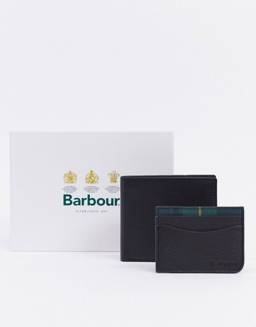 Barbour - Cadeauset met leren portemonnee en kaarthouder met randje met schotse ruit in zwart