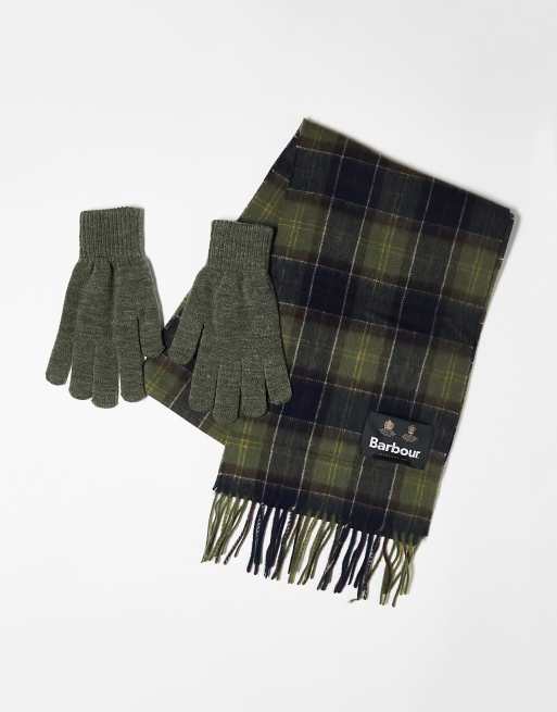 Barbour - Cadeauset van sjaal en handschoenen met Schotse ruit in olijfgroen en blauw
