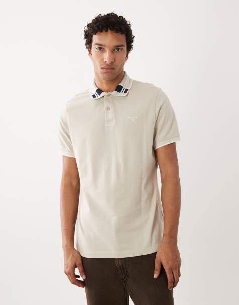 Barbour Callington short sleeve tailored fit polo shirt with tartan collar in beige