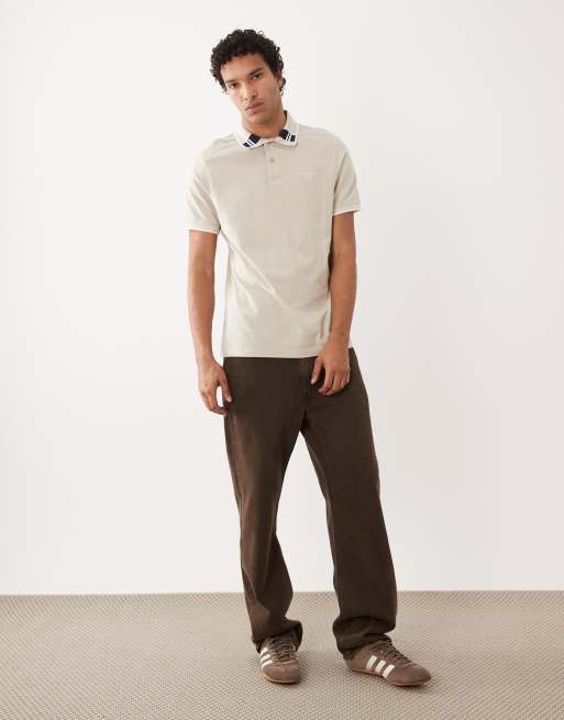 Barbour Callington short sleeve tailored fit polo shirt with tartan collar in beige, 2 of 5