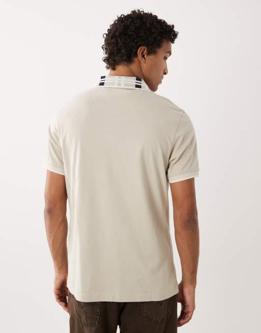 Barbour Callington short sleeve tailored fit polo shirt with tartan collar in beige, 3 of 5