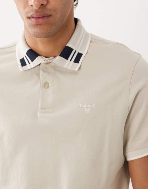 Barbour Callington short sleeve tailored fit polo shirt with tartan collar in beige, 5 of 5