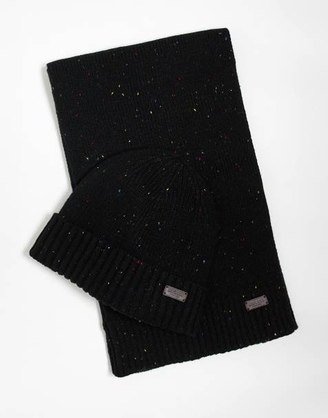 Barbour Carlton fleck beanie & scarf gift set in black - view 1