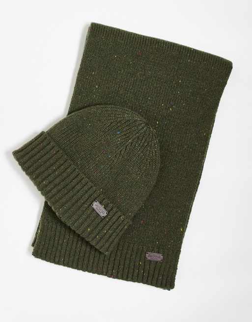Barbour Carlton fleck beanie & scarf gift set in green