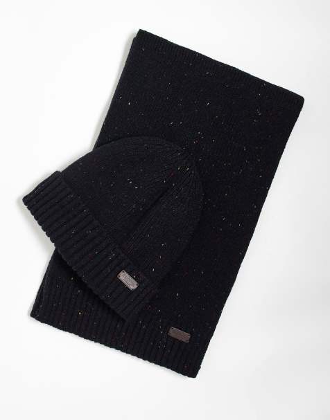 Barbour Carlton fleck beanie & scarf gift set in navy - view 1