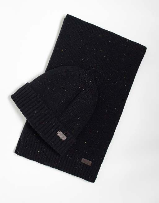 Barbour Carlton fleck beanie & scarf gift set in navy