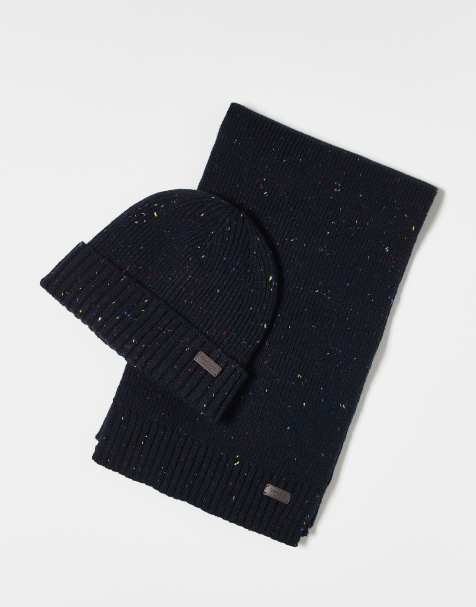 Barbour Carlton fleck beanie & scarf gift set in navy - view 1