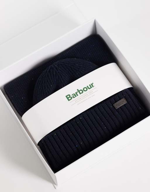 Barbour Carlton fleck knitted beanie and scarf gift set in navy, 2 of 3