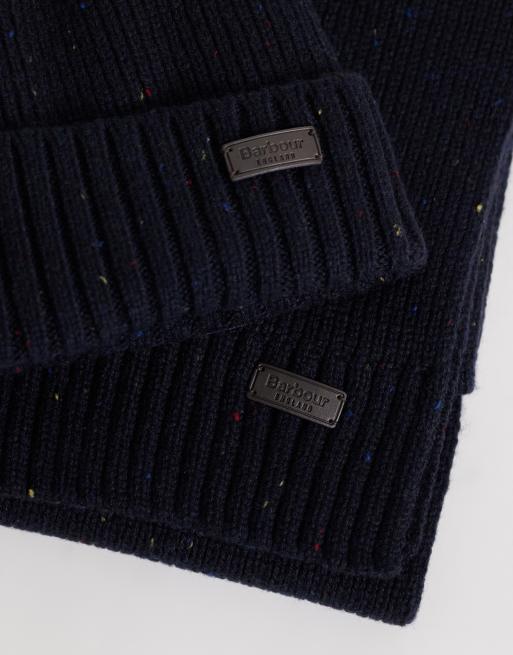 Barbour Carlton fleck knitted beanie and scarf gift set in navy, 3 of 3