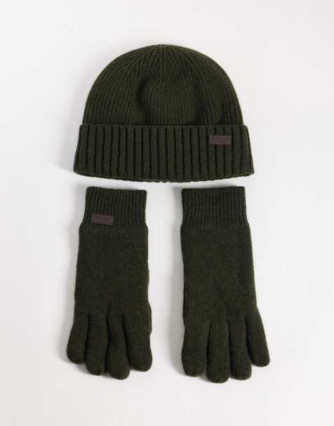 Barbour Carlton knitted beanie and gloves gift set in dark green - view 1