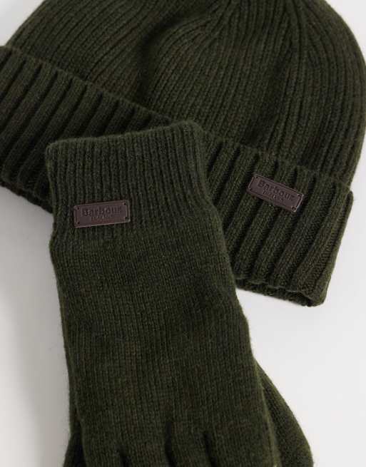 Barbour Carlton knitted beanie and gloves gift set in dark green, 2 of 3
