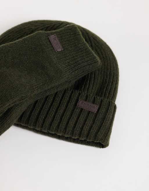 Barbour Carlton knitted beanie and gloves gift set in dark green, 3 of 3