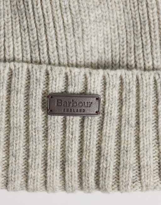 Barbour Carlton knitted wool blend logo beanie in light grey, 2 of 3
