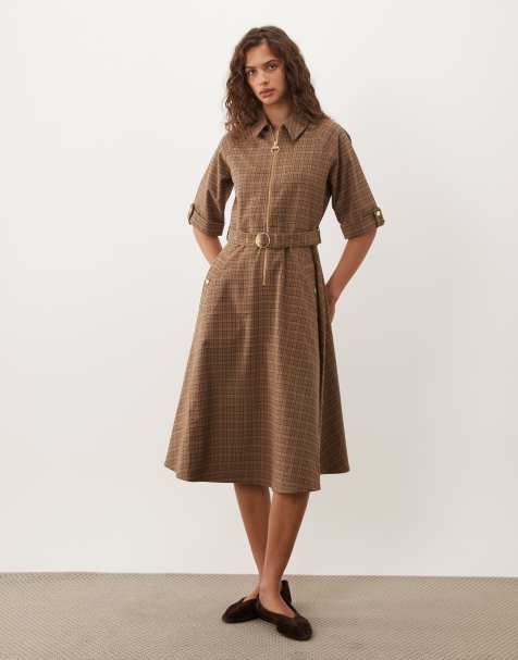 Barbour Carville short sleeve tartan check zip through belted midi dress in brown - view 1