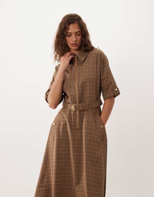 Barbour Carville short sleeve tartan check zip through belted midi dress in brown, 3 of 5