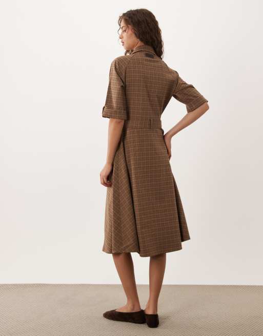 Barbour Carville short sleeve tartan check zip through belted midi dress in brown, 4 of 5