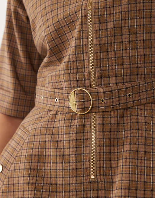 Barbour Carville short sleeve tartan check zip through belted midi dress in brown, 5 of 5