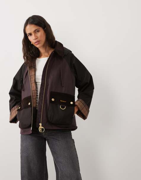 Barbour Carville tartan check hooded colourblock wax jacket in burgundy/black - view 1