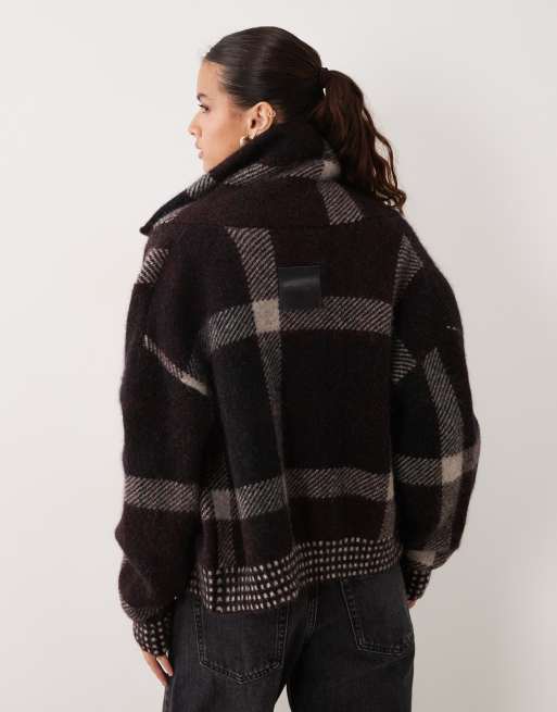 Barbour Carville tartan check zip through knitted cardigan in brown, 4 of 4