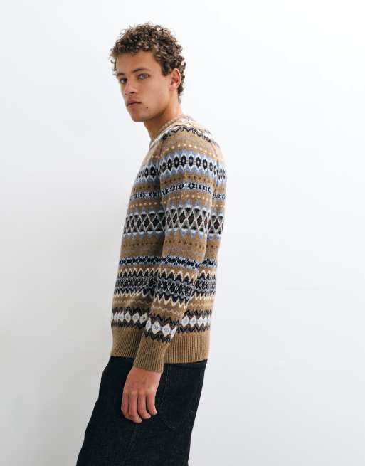 Barbour Case knitted fairisle crew neck jumper in beige stripe, 2 of 5