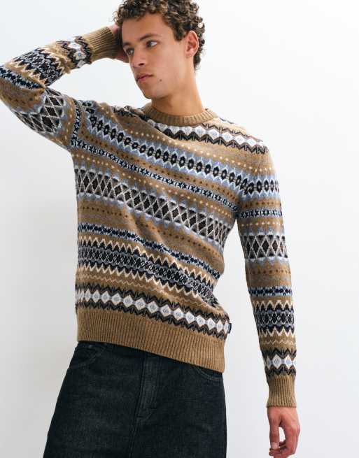 Barbour Case knitted fairisle crew neck jumper in beige stripe, 3 of 5