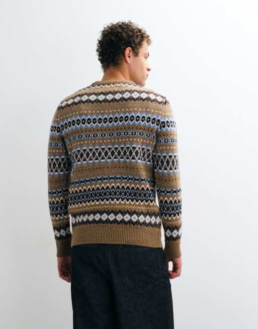 Barbour Case knitted fairisle crew neck jumper in beige stripe, 5 of 5
