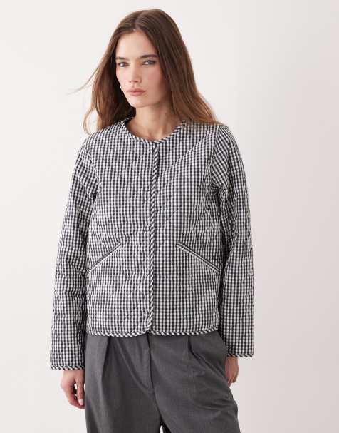Barbour Cashel gingham collarless quilted jacket in navy