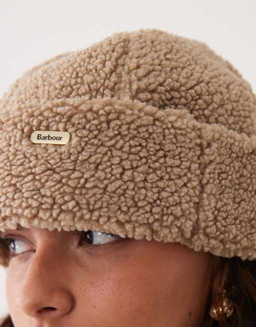 Barbour Cathy logo gleece beanie hat in light brown, 2 of 3