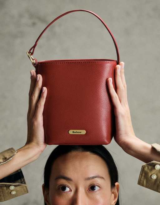 Barbour Cedar mini leather bucket bag in red, 2 of 7