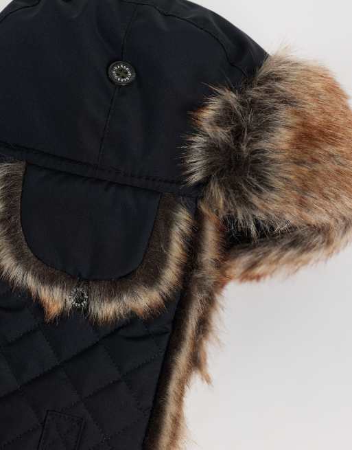 Barbour Cleadon faux fur quilted trapper hat in black, 2 of 3