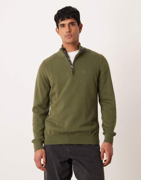 Barbour cotton half zip knitted jumper in winter moss