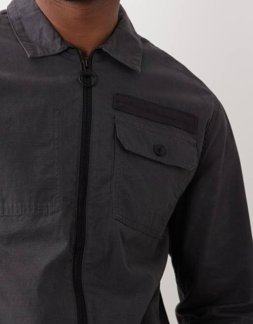 Barbour Crail wax ripstop zip through  overshirt in charcoal grey, 5 of 5
