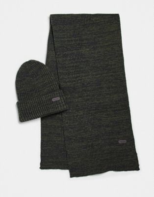 Barbour Crimdon beanie hat and scarf gift set in khaki